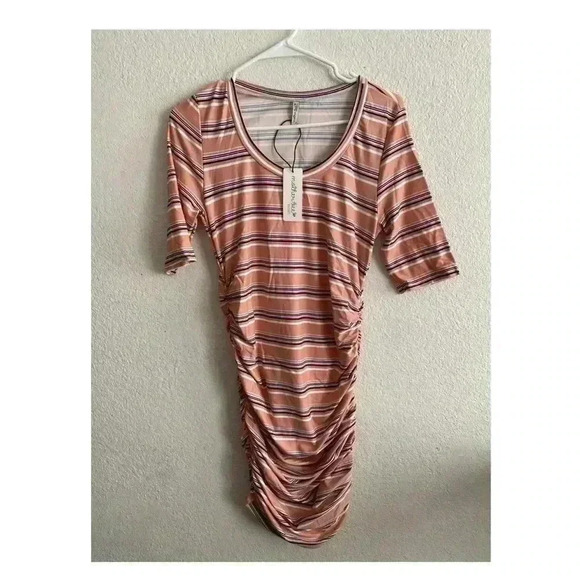 🆕 Mother Bee Maternity Mauve Stripe Ruche Dress M🆕 - Picture 5 of 8